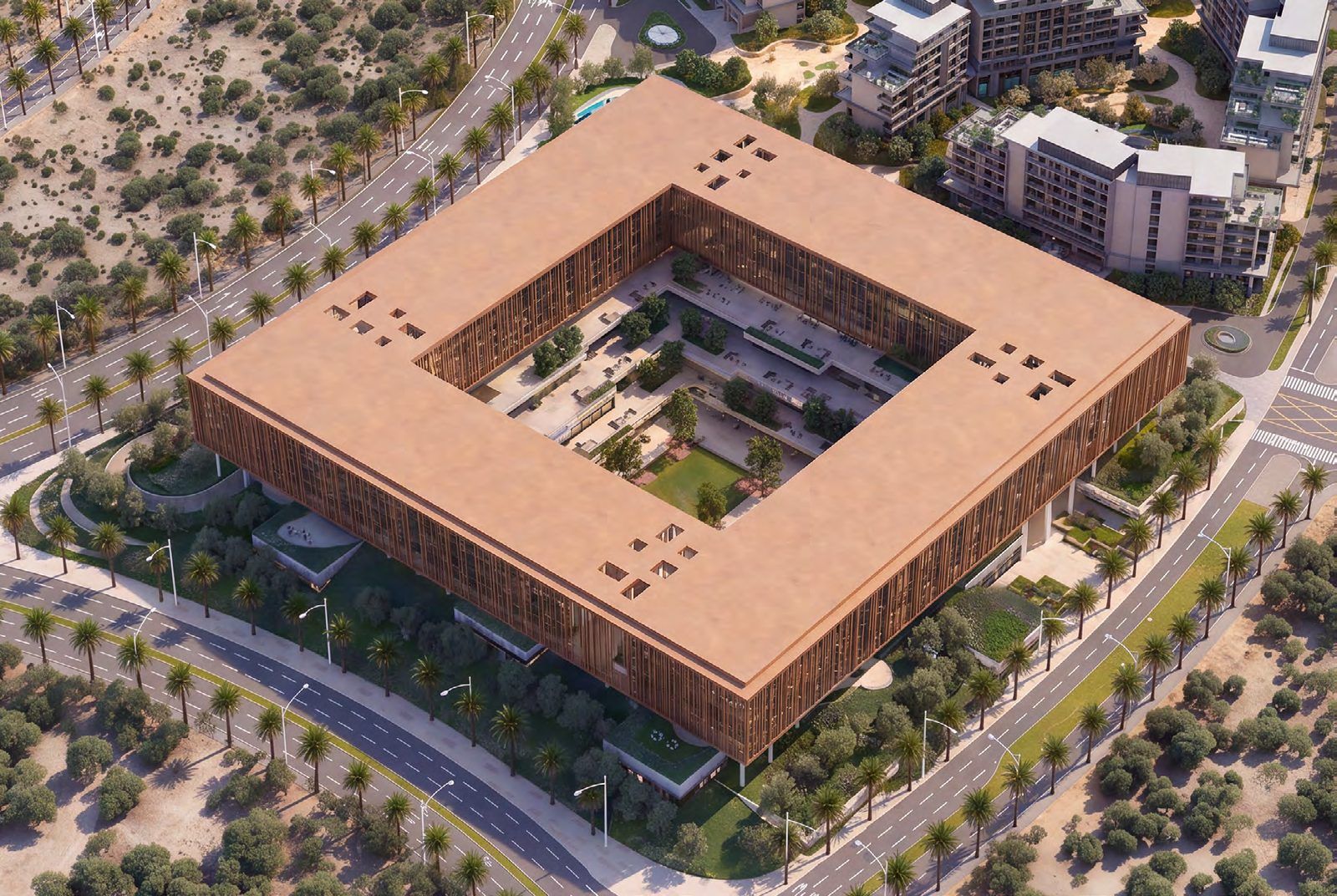 The four blocks around the landscaped courtyard
