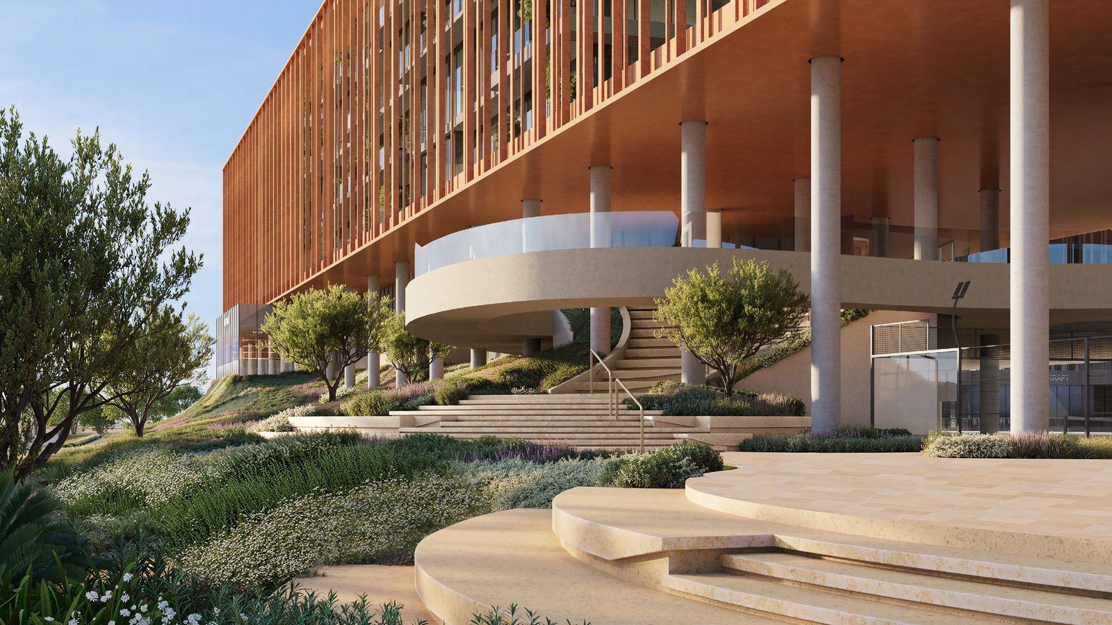 The landscaped arrival at The Yards Plaza