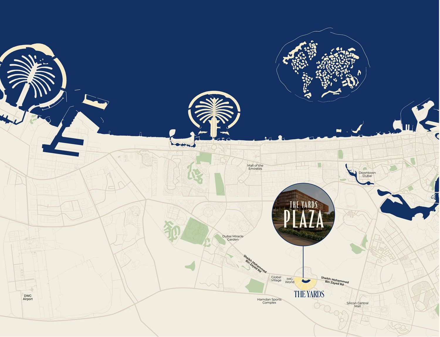 Location map showing The Yards Plaza in City of Arabia and drive times across Dubai